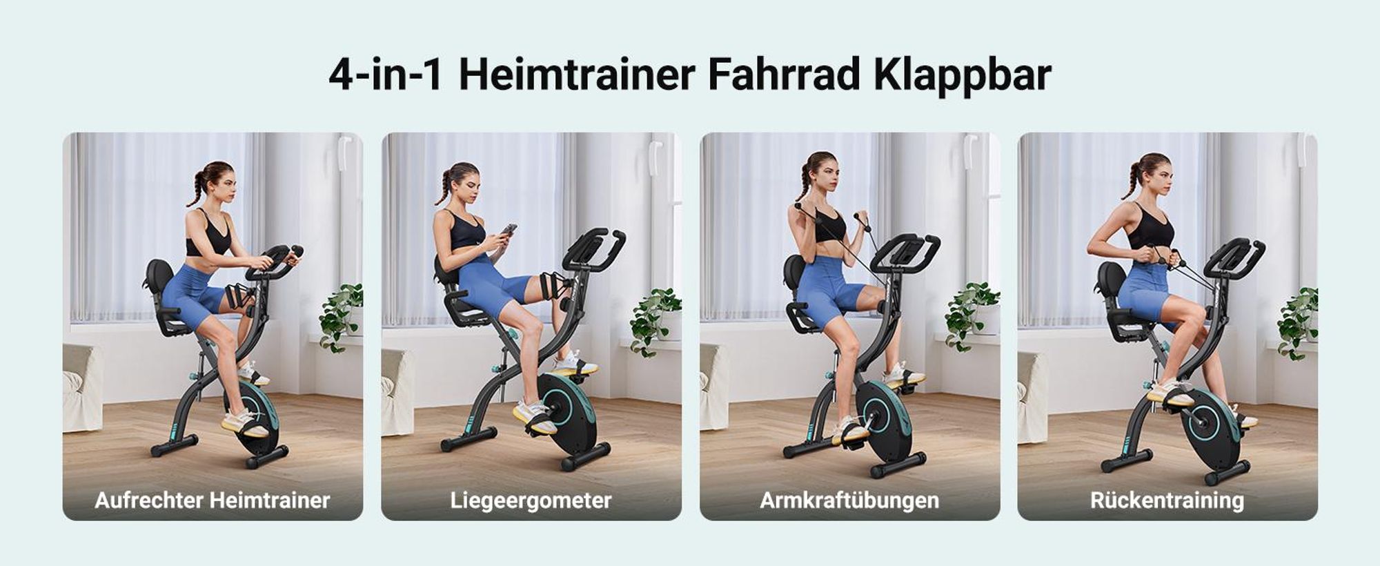 4-in-1 klappbarer Heimtrainer für Zuhause– magnetischer Ergometer mit 16 Stufen, LCD & Pulsmessung, Tabletständer, kompatibel Kinomap, bis 136 kg