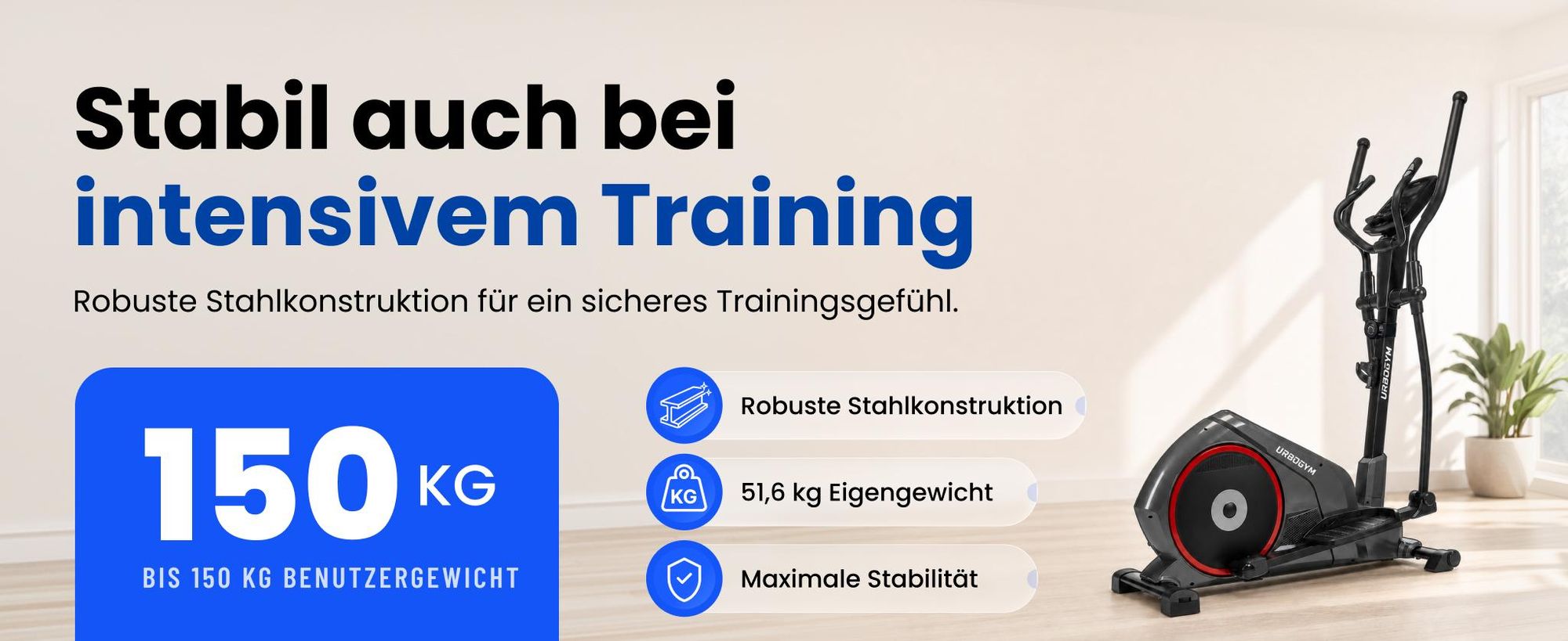 URBOGYM THOR Crosstrainer – 7-kg-Schwungrad, 8 Widerstandsstufen, bis 150 kg