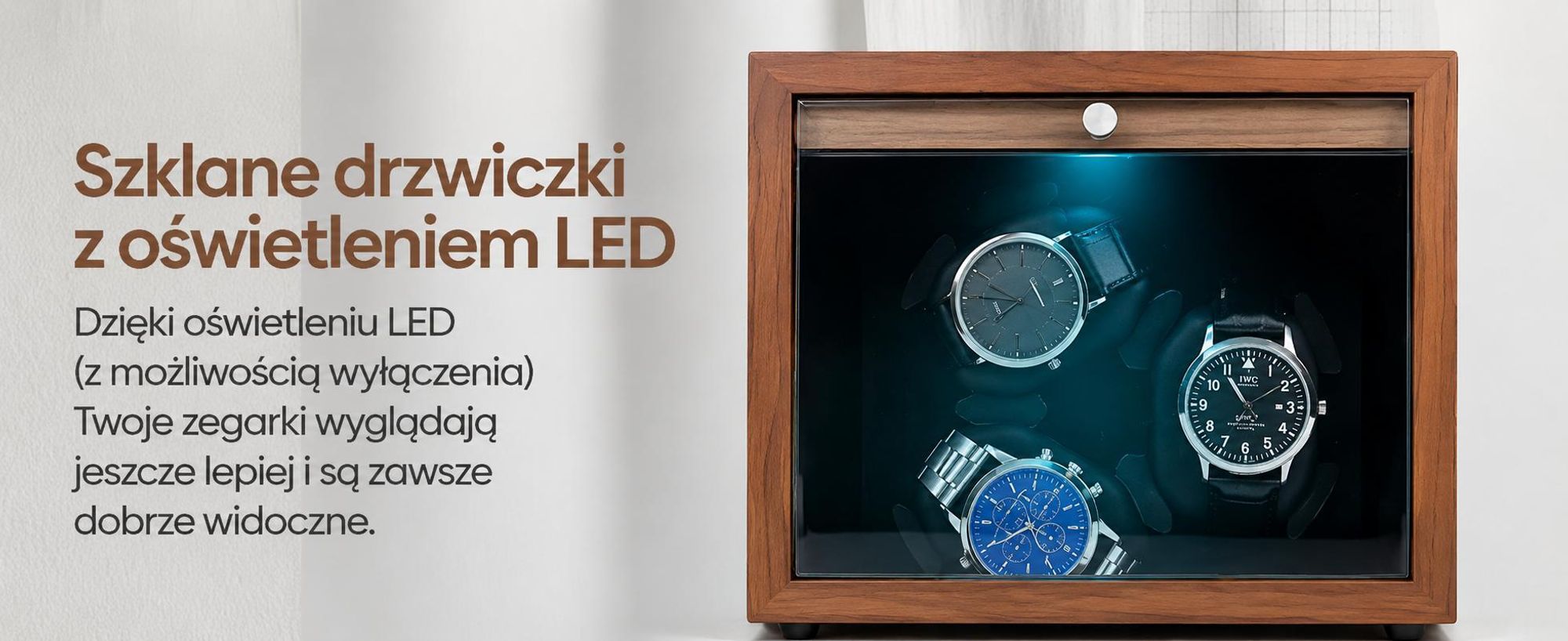 Nawijarka do zegarków Olvy na 3 zegarki, oświetlenie LED, drewniana skrzynka do nawijania zegarków, wyjątkowo cichy silnik Mabuchi, elastyczna poduszka do zegarków, nawijarka do zegarków