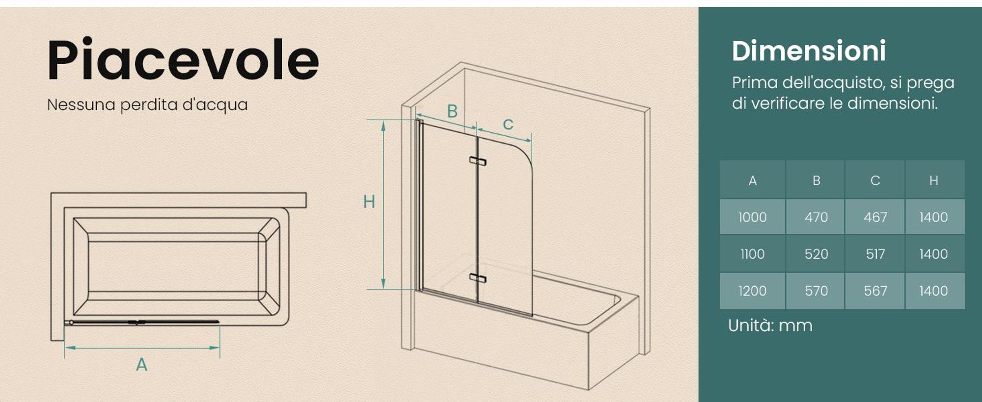 Schermo pieghevole per box doccia EMKE 100 x 140 cm vetro di sicurezza ESG nano-rivestito schermo doccia a doppia porta pieghevole in vetro per vasche da bagno