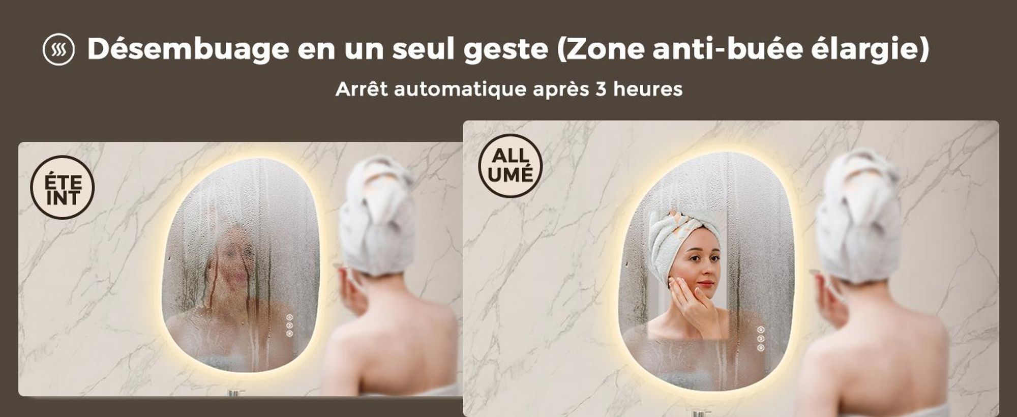 Miroir de salle de bain éclairé S'AFIELINA, 60x80 cm, miroir LED asymétrique, sans cadre, 3 couleurs de lumière, variateur d'intensité, anti-buée, fonction mémoire