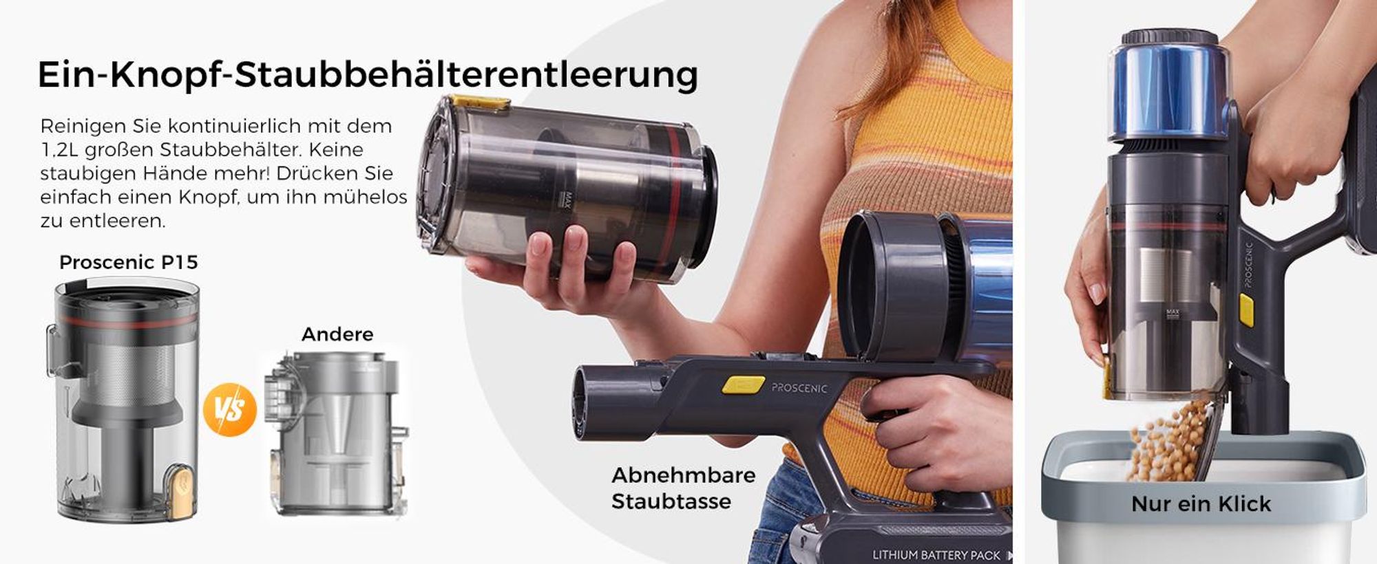 PROSCENIC Handstaubsauger, leistungsstarker Staubsauger mit 60 kPa, 580W, 70 Min, Grüne LED-Scheinwerfer, 1,5L Staubbehälter, Leichtes Rauschen