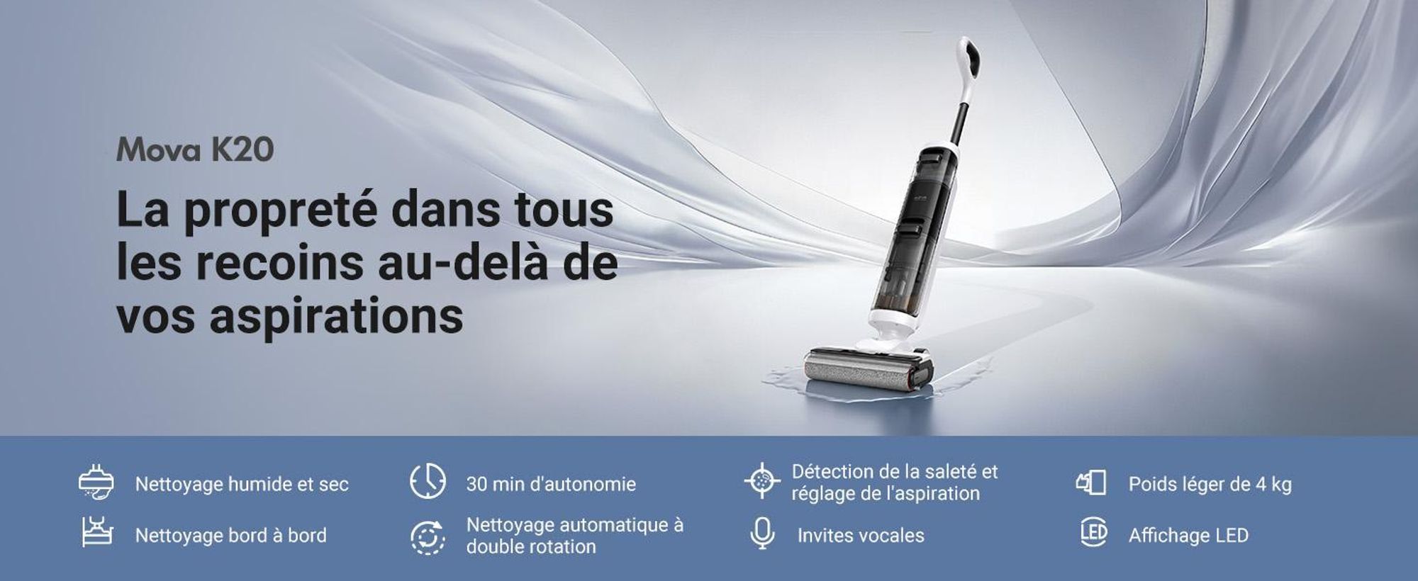 MOVA K20 Aspirateur Balai Sans Fil 18 kPa – Nettoyage Sec & Humide, Anti-Enchevêtrement, Idéal pour Poils d’Animaux