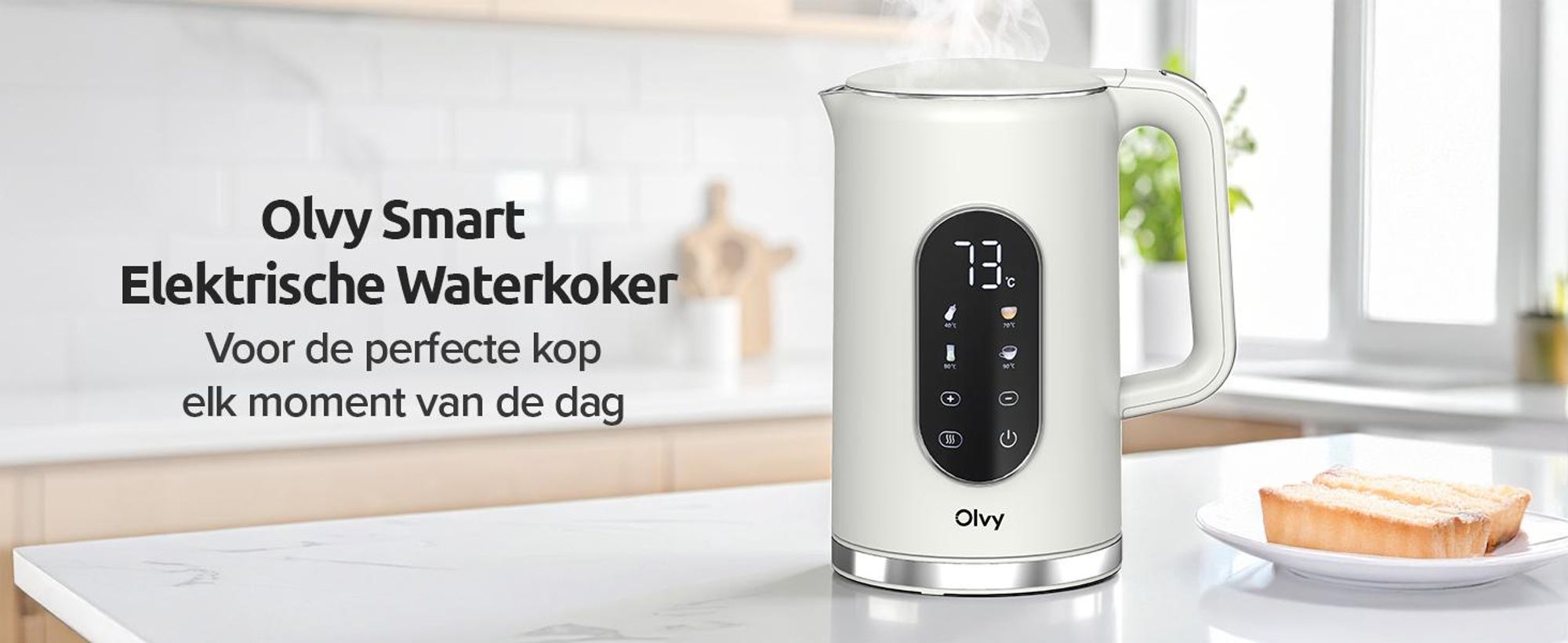Olvy waterkoker, crème kleur, 1,7 liter – LCD-display, 2200W, BPA-vrij, warmhoudfunctie, kalkfilter, temperatuurinstelling 40–100°, roestvrij staal