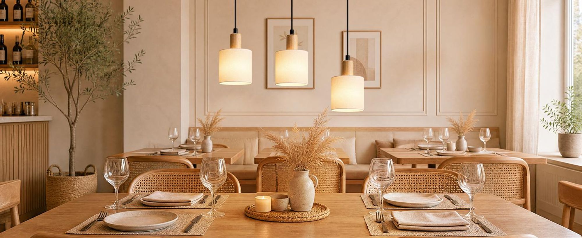 ZMH Hanglamp, houten eettafel lamp, 3-licht, vintage hanglamp met stoffen kap, E14, hanglamp voor woonkamer, restaurant, slaapkamer, keuken, wit