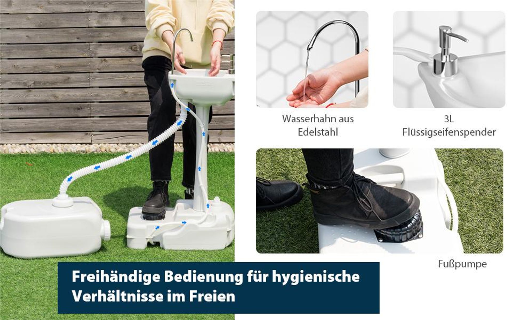 COSTWAY Camping-Waschbecken, Handwaschbecken mit 17L Wassertank, Rädern, Handtuchhalter, Flüssigseifenspender & Fußpumpe, für Camping, Festival&Garten