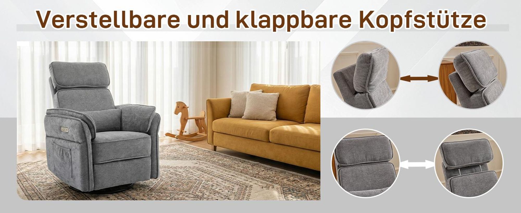 LEADZM Stillstuhl Relaxsessel Fernsehsessel, elektrischer Neigungs, 300° Drehfunktion, verstellbare Kopfkissen Armlehnen, Dunkelgrau