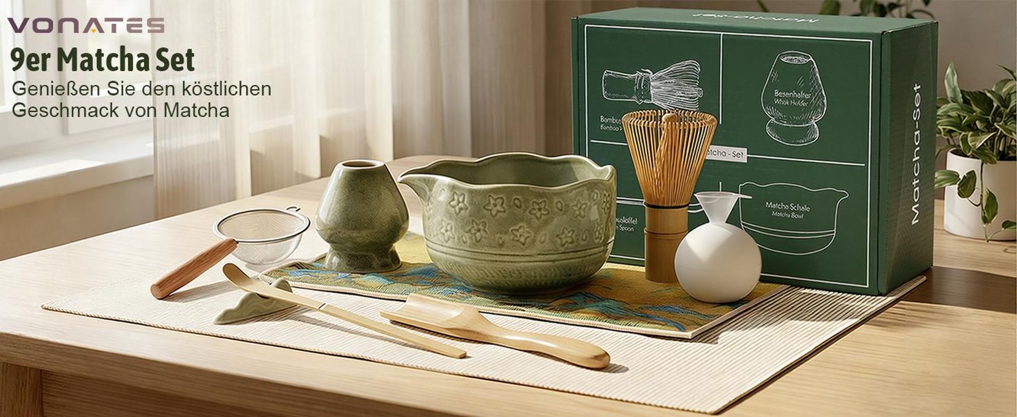 VONATES Matcha Set 9-tlg. mit Matcha-Schale, Bambus-Besener & Halter, Sieb, Löffel, Tuch, Eisform - Starter-Kit für Teezeremonie & Geschenk, Grün