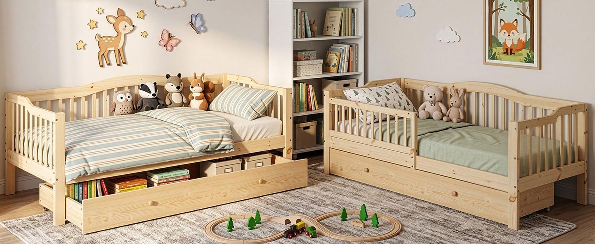 FCH Kinderbett mit Schubladen 80x160cm, Hausbett mit Lattenrost, Bodenbett mit Stauraum und Abnehmbarer Barriere, Naturbelassen