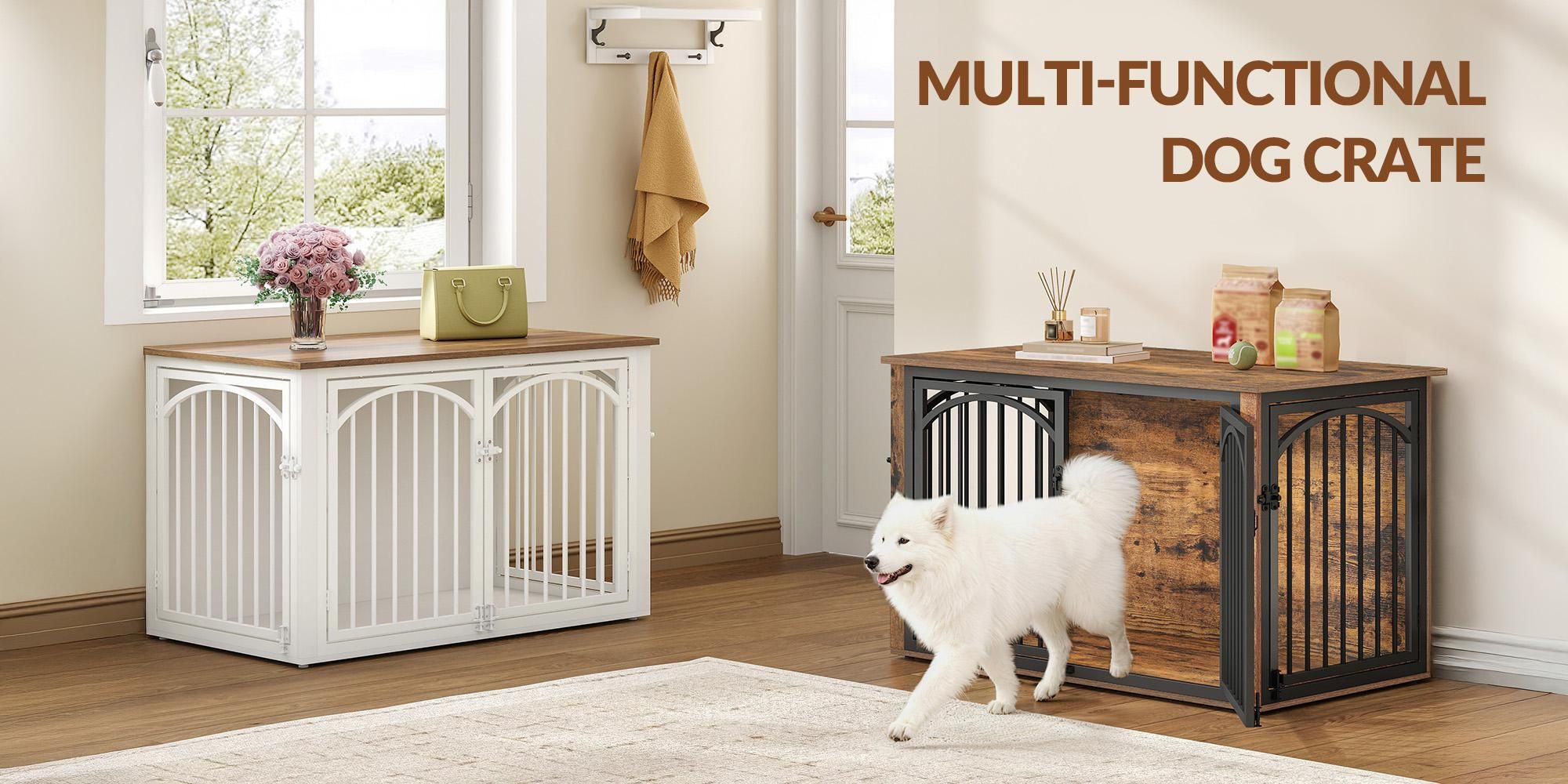 Hundebox Holz 100x60x63 cm, Vintagebraun & Schwarz, 4 Türen, Möbel-Hundekäfig als Beistelltisch, für mittelgroße bis große Hunde, Indoor