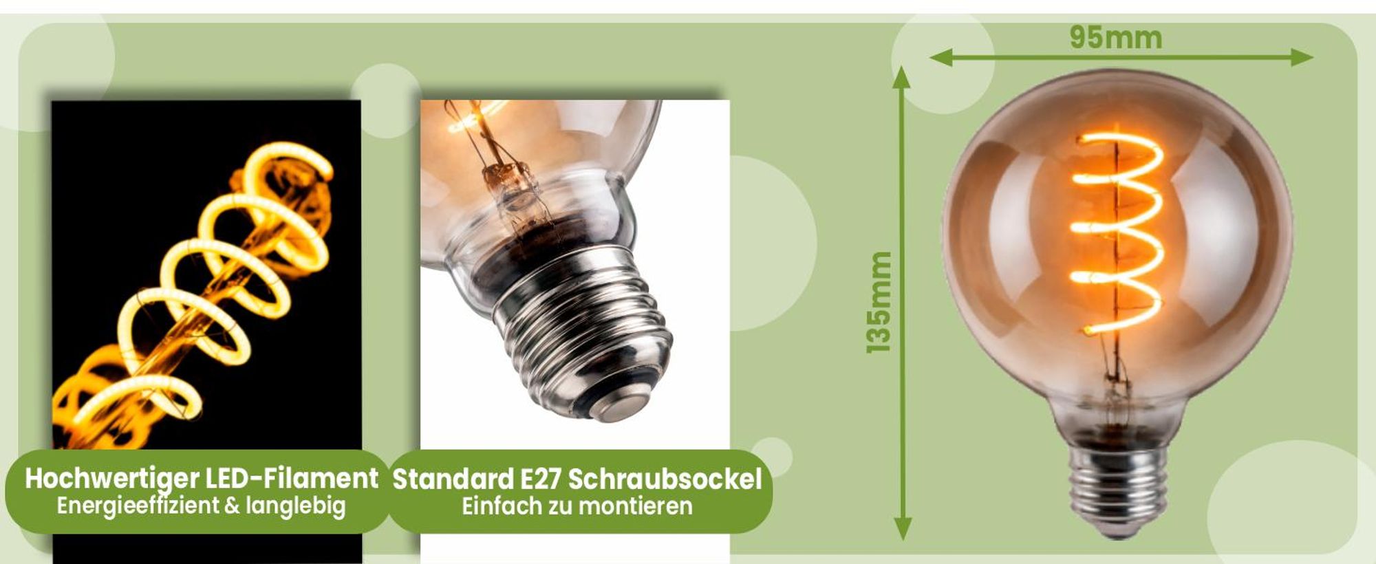LUMILED 3x E27 LED Lampen G95 Vintage Glühbirne Globe Spiral 6W Ersetzt 50W 420lm Leuchtmittel 2200K Warmweiß Retro Filament Smokey Glas Kugel Deko