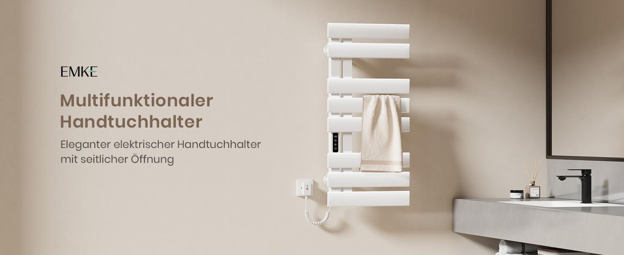 EMKE Handtuchwärmer elektrisch Intelligente Badheizkörper, 1300X500mm 440W Handtuchheizkörper Wifi APP Steurung Touch LCD Timer 1-9H, IPX5 Weiß