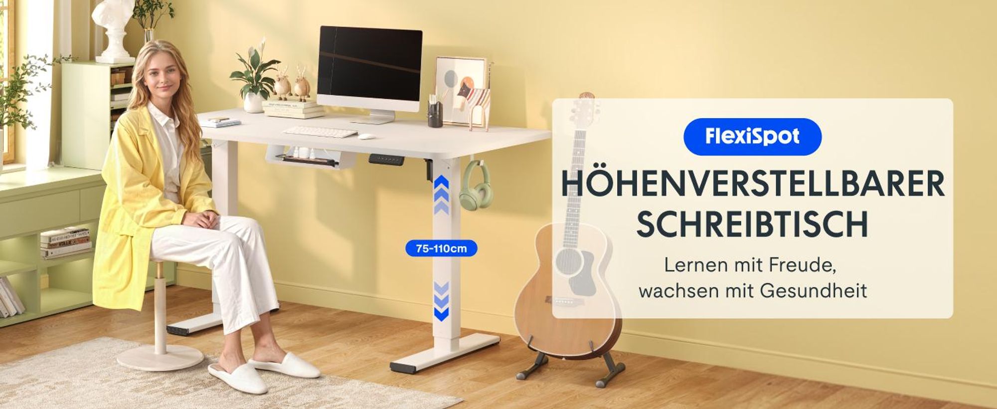 FLEXISPOT QE1 Höhenverstellbarer Schreibtisch 120x60cm EINTEILIGE TISCHPLATTE, 4 Memory-Funktion, Antikollisionsschutz, Haken & Kabelmanagement (Weiß)