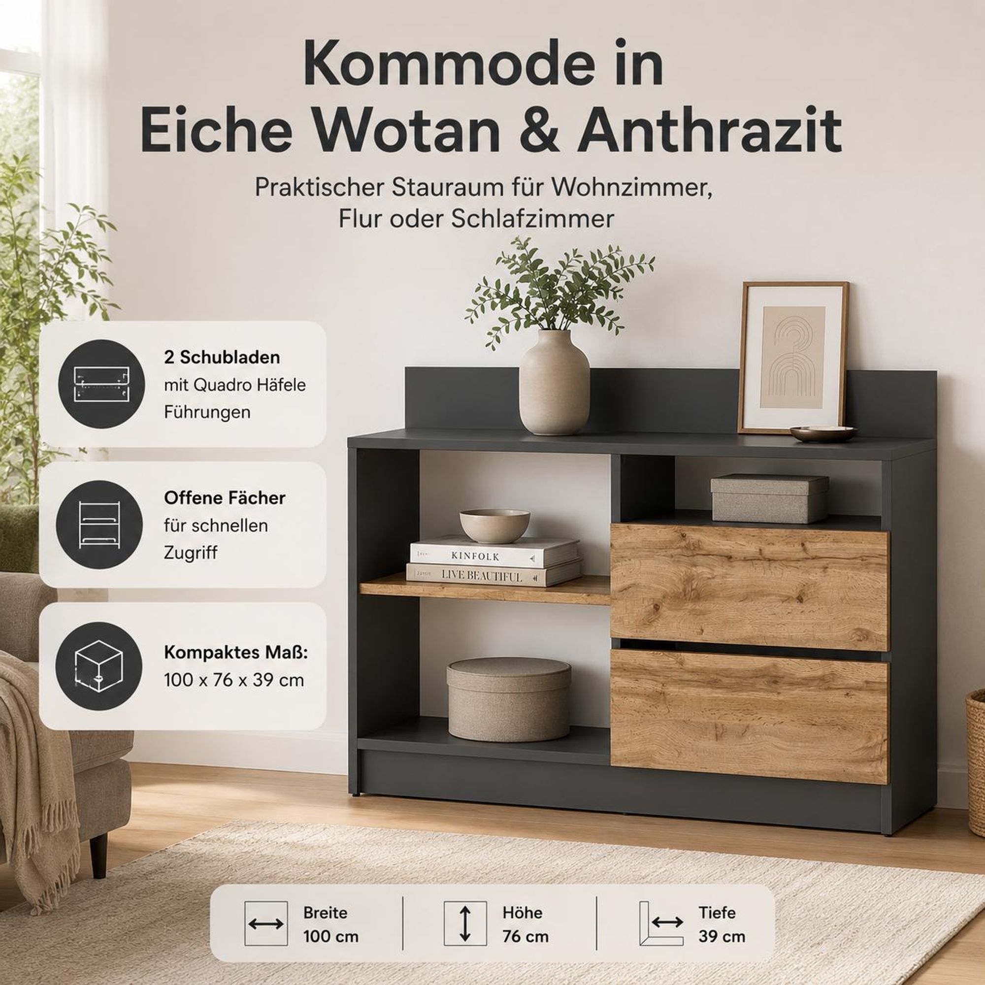 Kommode in Anthrazit und Eiche Wotan mit 2 Schubladen und offenen Fächern.