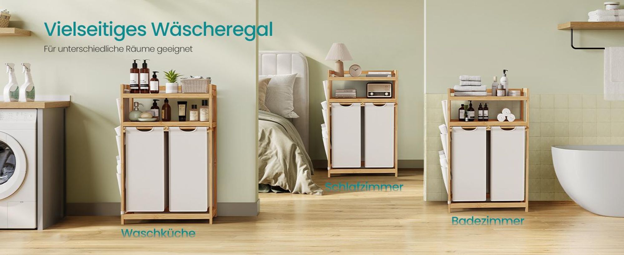 SONGMICS Wäschekorb 2 Fächer, Bambus, Wäschesammler 100 L, Wäschesortierer, mit Ablagen, Wäschesack, kleine seitliche Taschen, Wäscheregal