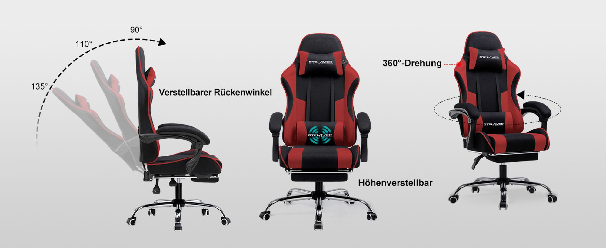 GTPLAYER Bürostuhl Gaming Stuhl Stoff Gaming Sessel Ergonomischer Gamer Stuhl mit Fußstütze, Kopfstütze Lendenkissen, Gepolstert Gaming Chair, ROT