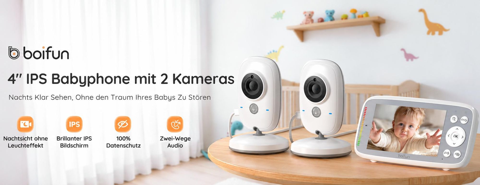 BOIFUN Babyphone mit 2 Kameras Ohne WLAN 4 Zoll 720P Monitor Nachtsicht Schallerkennung Einfach zu bedienen 2 Wege Audio 3X Zoom mit Halterung