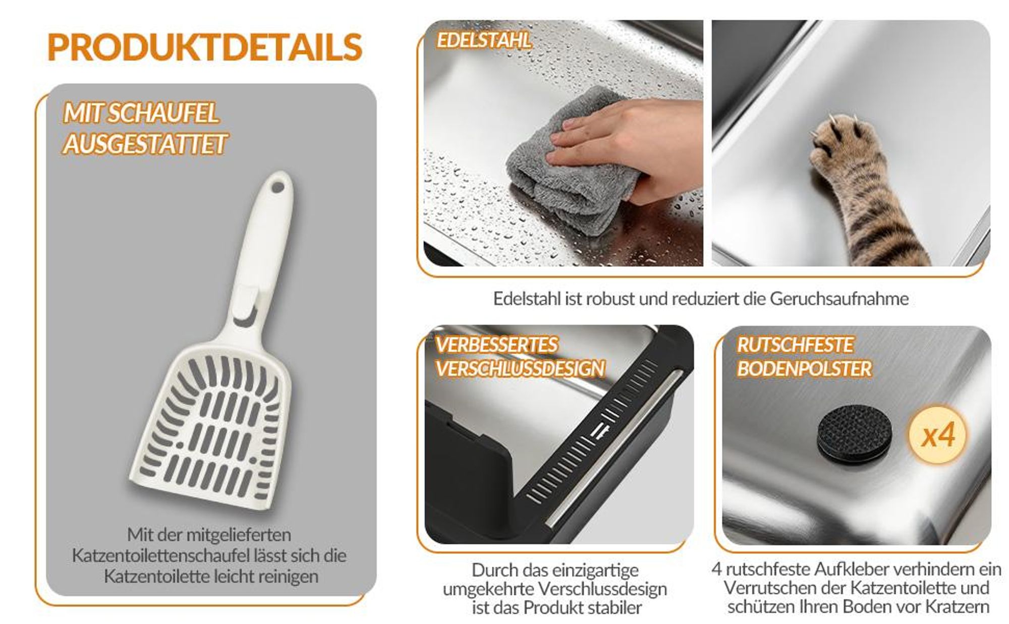Katzenklo Edelstahl, XXL Katzentoilette, Schwarz Geschlossene Groß Katzenklo, mit Schaufel und Fußstufe, 120° Klappdeckel, Herausnehmbar