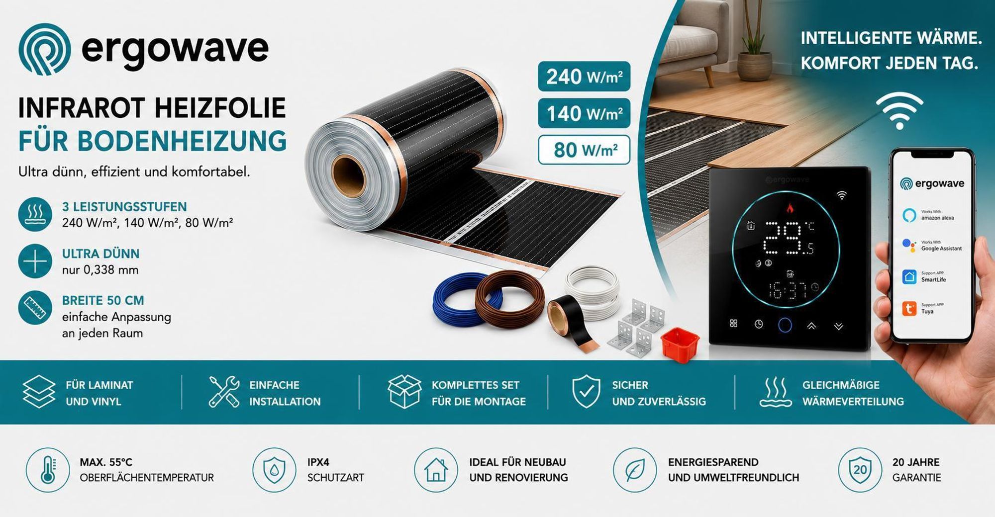PTC-Infrarot-Heizfolie mit einer Leistung von 140 W und WLAN-Thermostat im Set