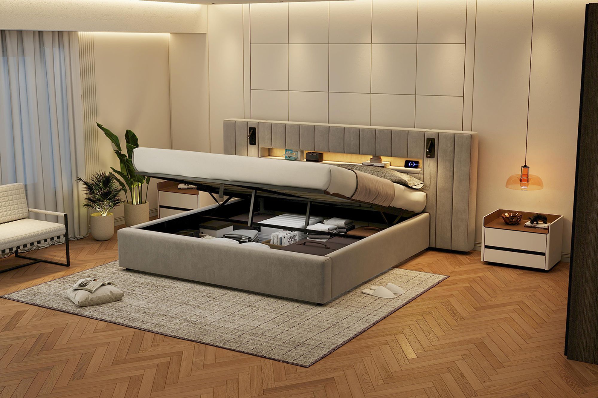 MODFU Polsterbett 180 x 200 cm mit Bettkasten und USB-Anschluss,Funktionbett mit LED-Beleuchtung,Bettgestell ohne Matratze,grau