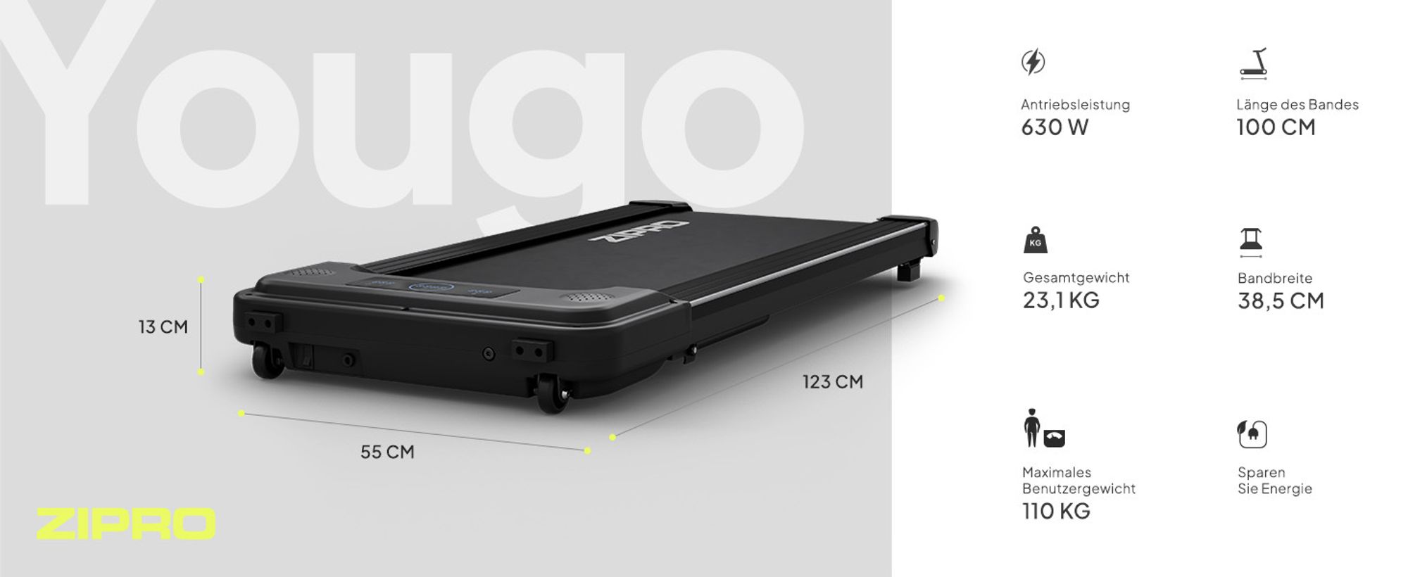 Zipro Laufband Yougo – Elektrisches Walking Pad für Home Office & Zuhause Ultra Flach für unter das Bett Fernbedienung & Bluetooth
