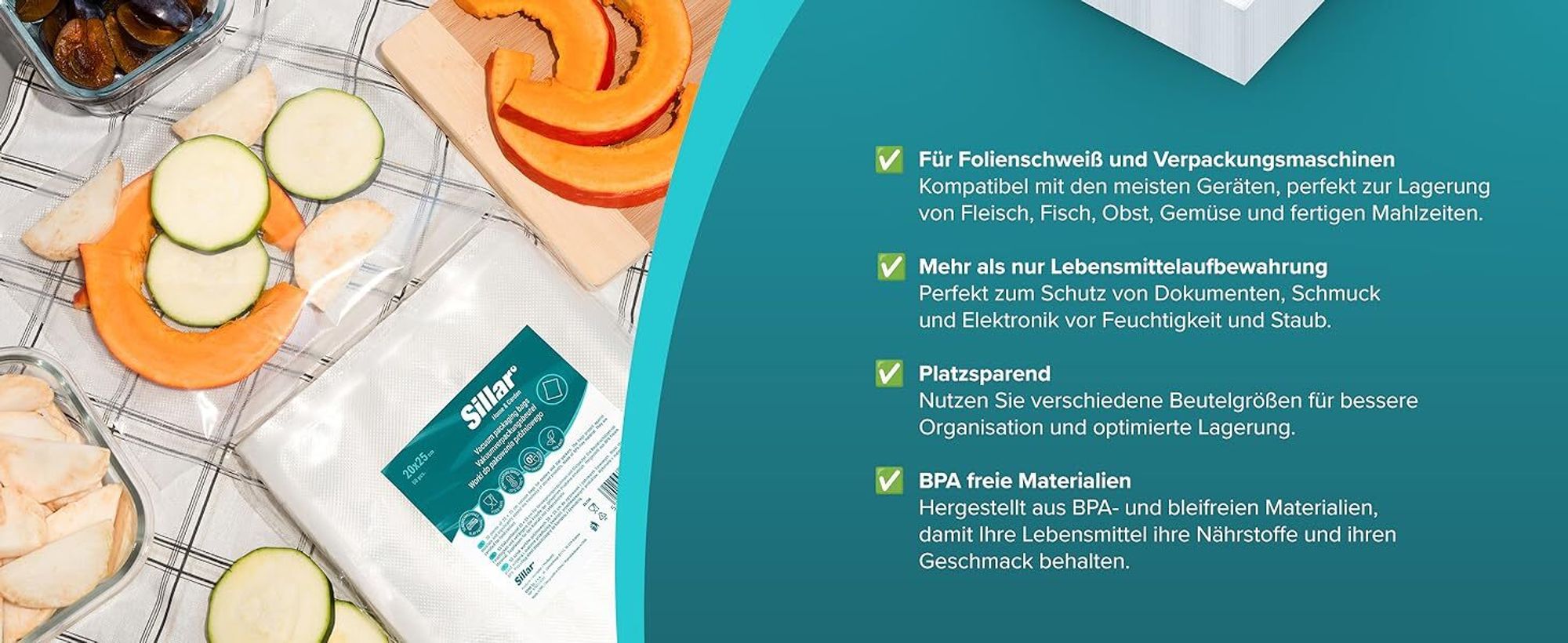 Sillar Vakuumbeutel 100er Set 20x25 cm – Kochfest, Sous Vide & Gefrierbeutel, BPA-frei