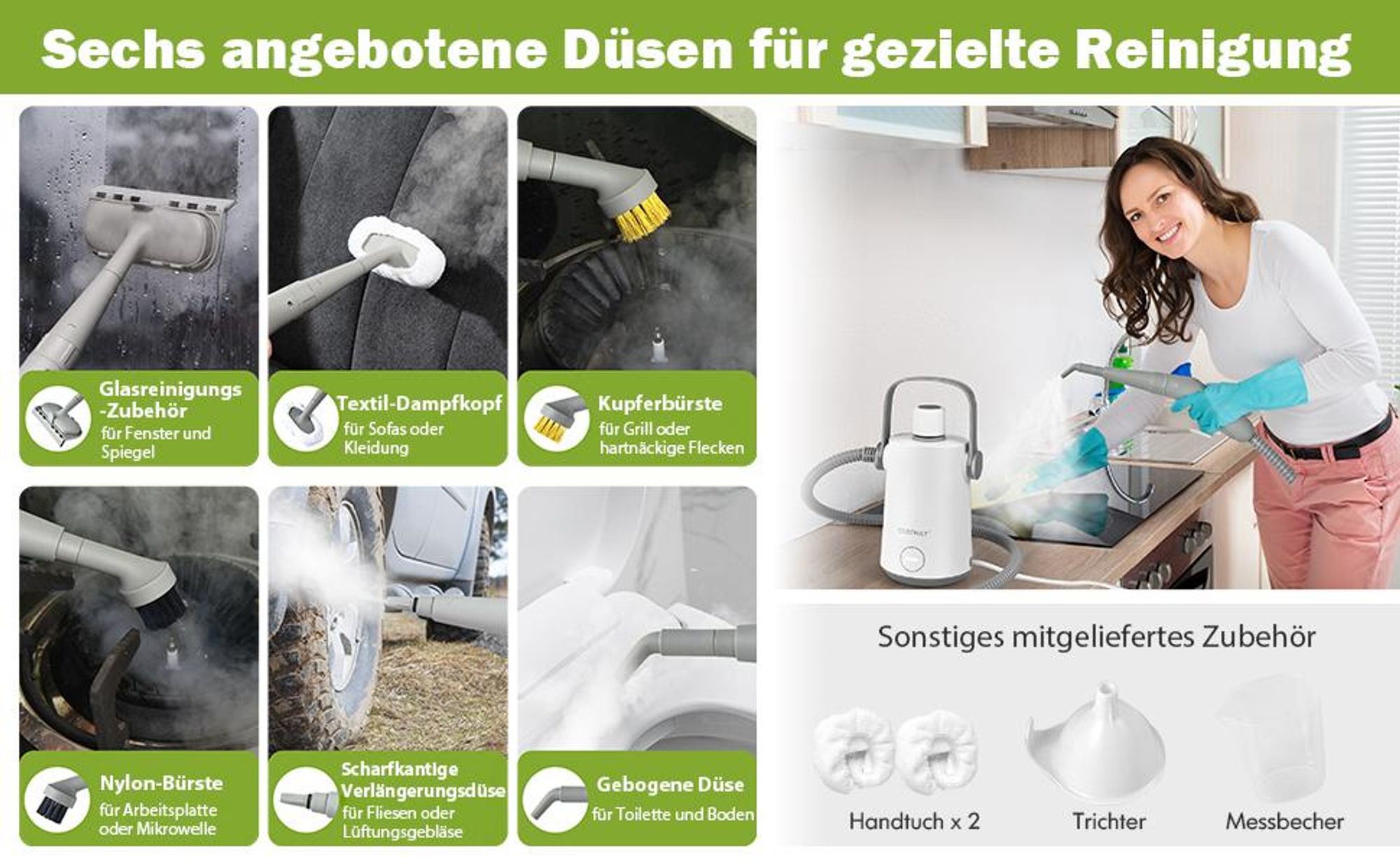 COSTWAY Dampfreiniger Portable Handgerät 3 Bar, Handdampfreiniger mit 300ml Wassertank, 116cm Schlauch, 3m Kabel & 10 Zubehör Set, Grau