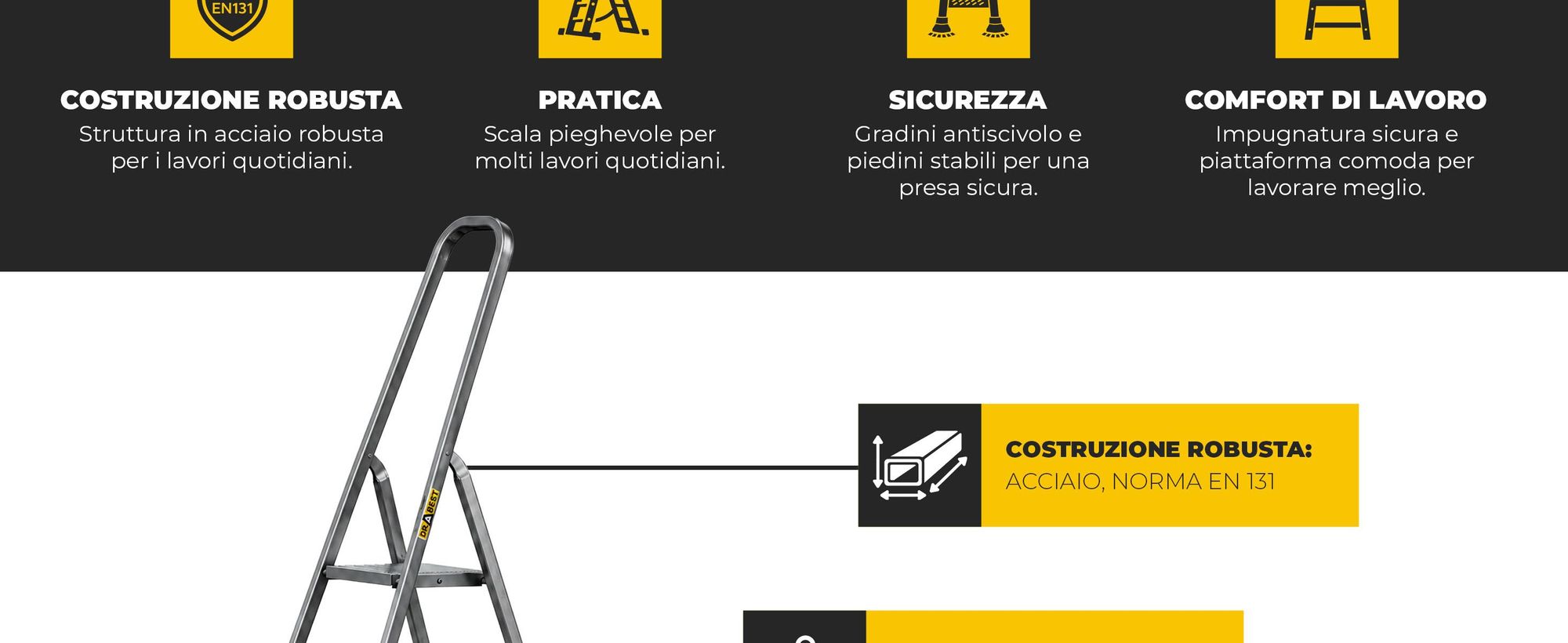 DRABEST | conduttore in acciaio, scala, scala domestica, scala a 5 gradini, sgabello pieghevole, acciaio, universale, fino a 125 kg