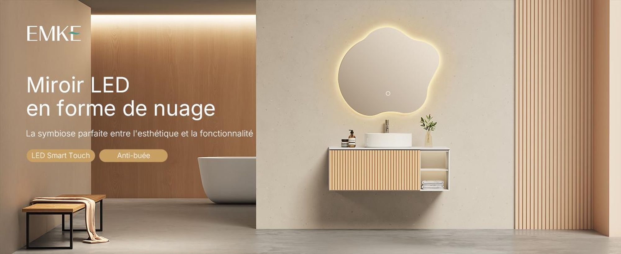 Miroir de salle de bain EMKE LED 50 x 45 cm - Anti-buée - 3 couleurs de lumière réglables - Interrupteur tactile - Miroir de salle de bain aux formes organiques avec éclairage