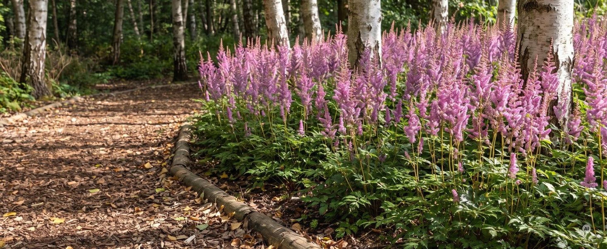 Zwerg-Prachtspiere mit lila-rosa Rispen als Bodendecker am lichten Gehölzrand