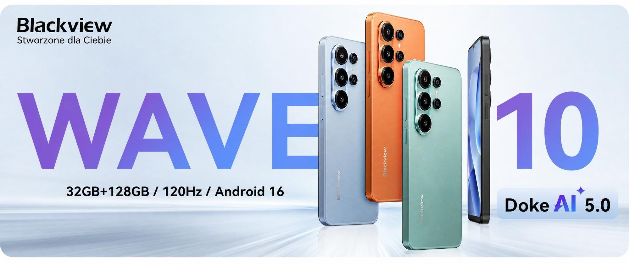 Smartfon Blackview WAVE 10 bez umowy, system Android 16, 32+128 GB, dwie karty SIM, częstotliwość odświeżania 120 Hz, ekran 6,88", aparat 32 MP, zdjęcia na żywo, bateria 5000 mAh, Face ID, Wi-Fi 5G, system Doke OS 5.0