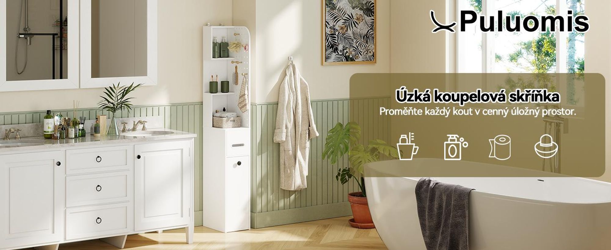 Skříňka do koupelny Puluomis, komoda do koupelny se zásuvkami, nástěnné úložné řešení, úzká vysoká skříňka 35x24x165 cm, úložná skříňka do koupelny nebo kuchyně, bílá barva