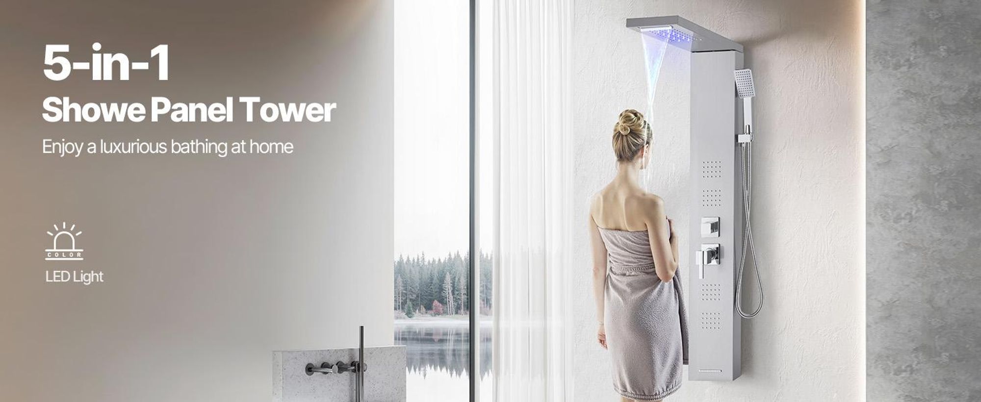 VEVOR Duschpaneel-Turmsystem (5 Modi) mit Regenwasserfall-Duschkopf & LED, (1345