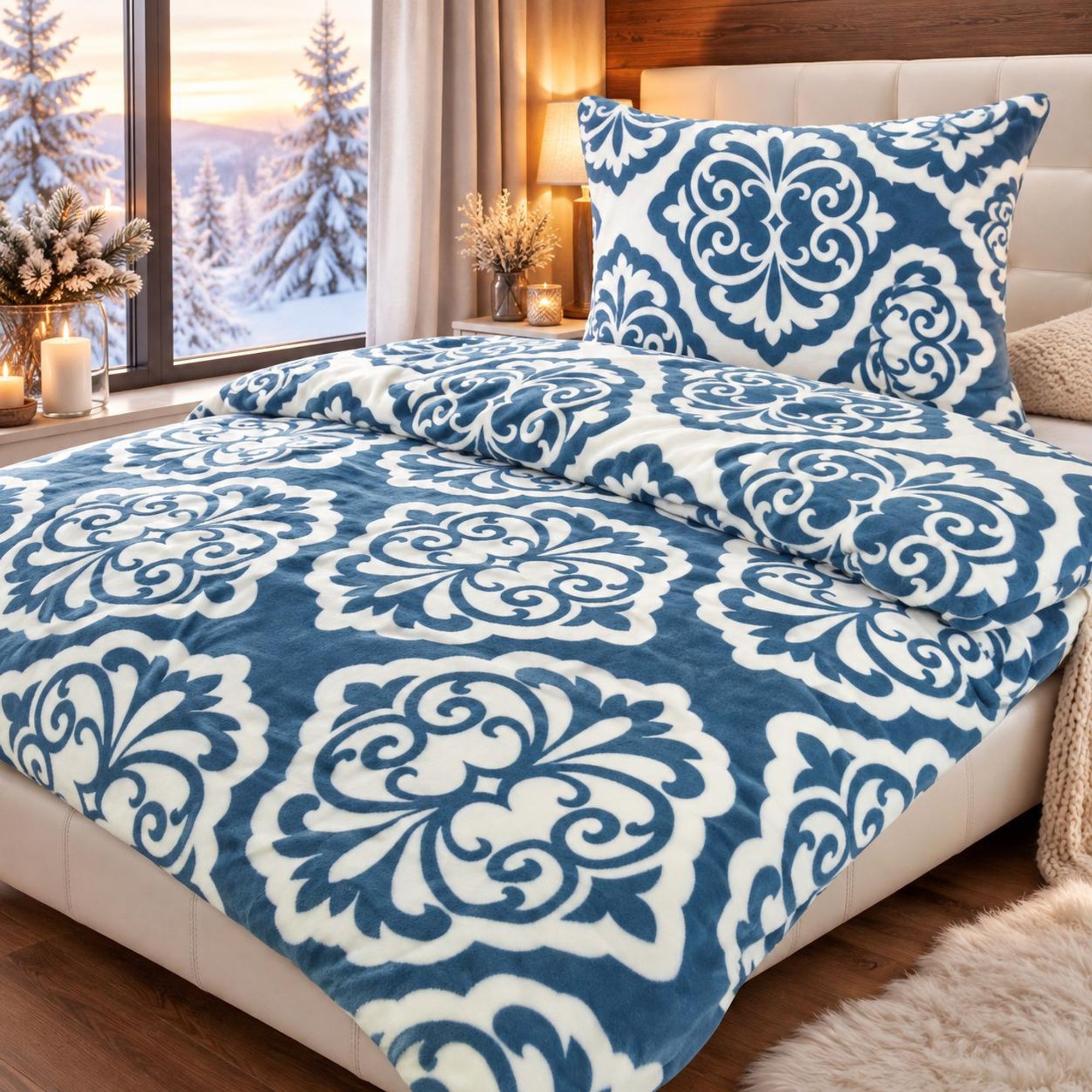 Bettwäsche Winter Flausch Cashmere Touch Uni Wende warm 2 teilig 135x200 mit RV Farbe Ornament Petrol