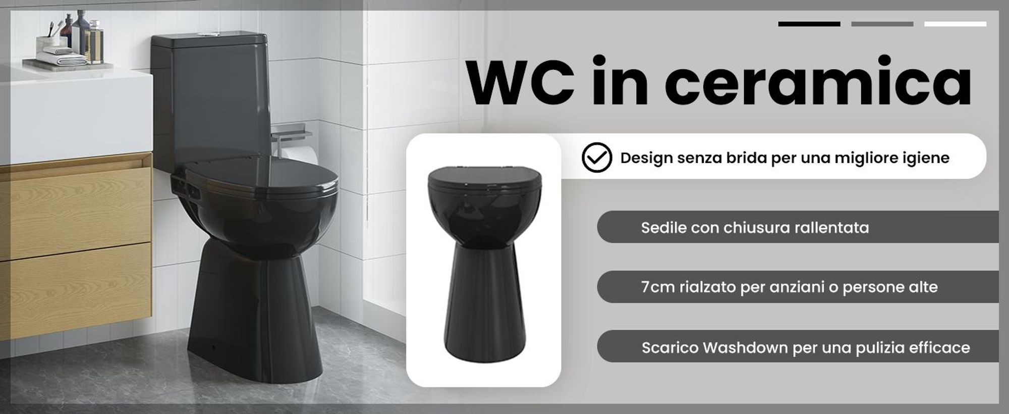 vidaXL WC senza bordo 7 cm altezza extra soft-close in Vetroceramica nero