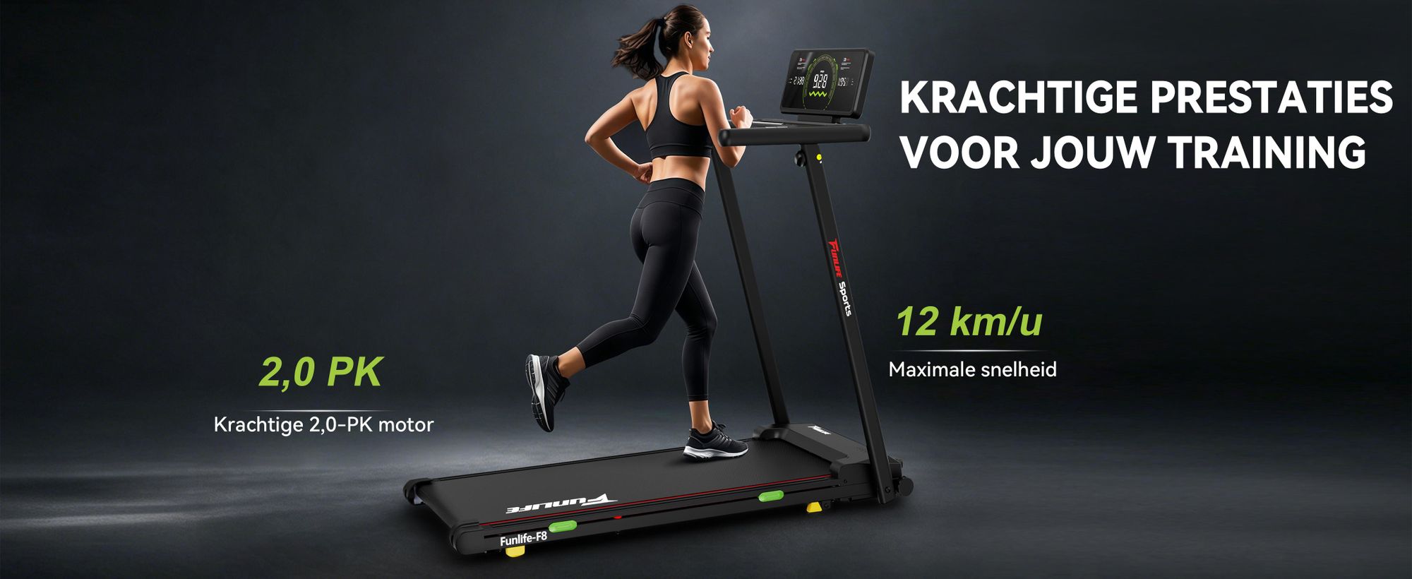 FunLife F8 loopband, inklapbaar met een hellingshoek van 5%, display direct aan de handgrepen, extra breed loopvlak, stil en schokabsorberend, 12 programma's, snelheid 1–12 km/u