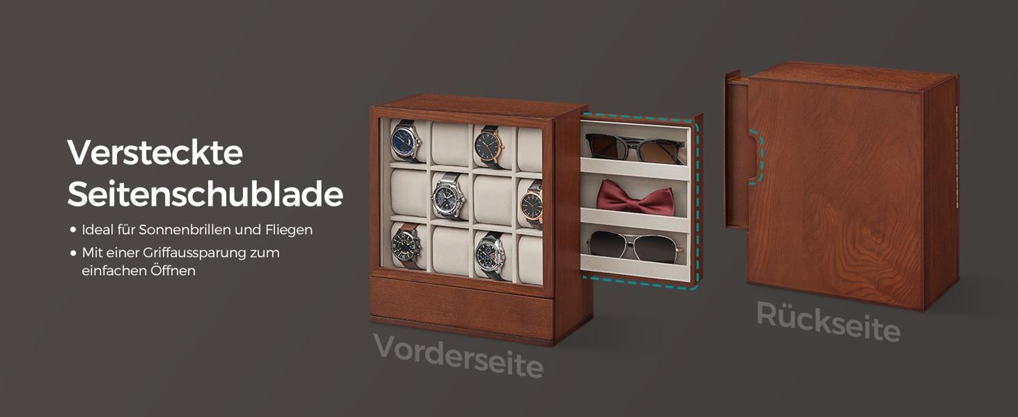 SONGMICS Uhrenbox Uhrenbox 12 Fächer, Uhrenkasten, vertikale Aufbewahrung, Geschenkidee