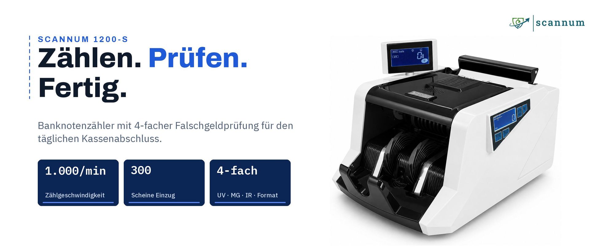 SCANNUM 1200-S Geldzählmaschine mit 4-facher Falschgeldprüfung, 1.000 Scheine/Min