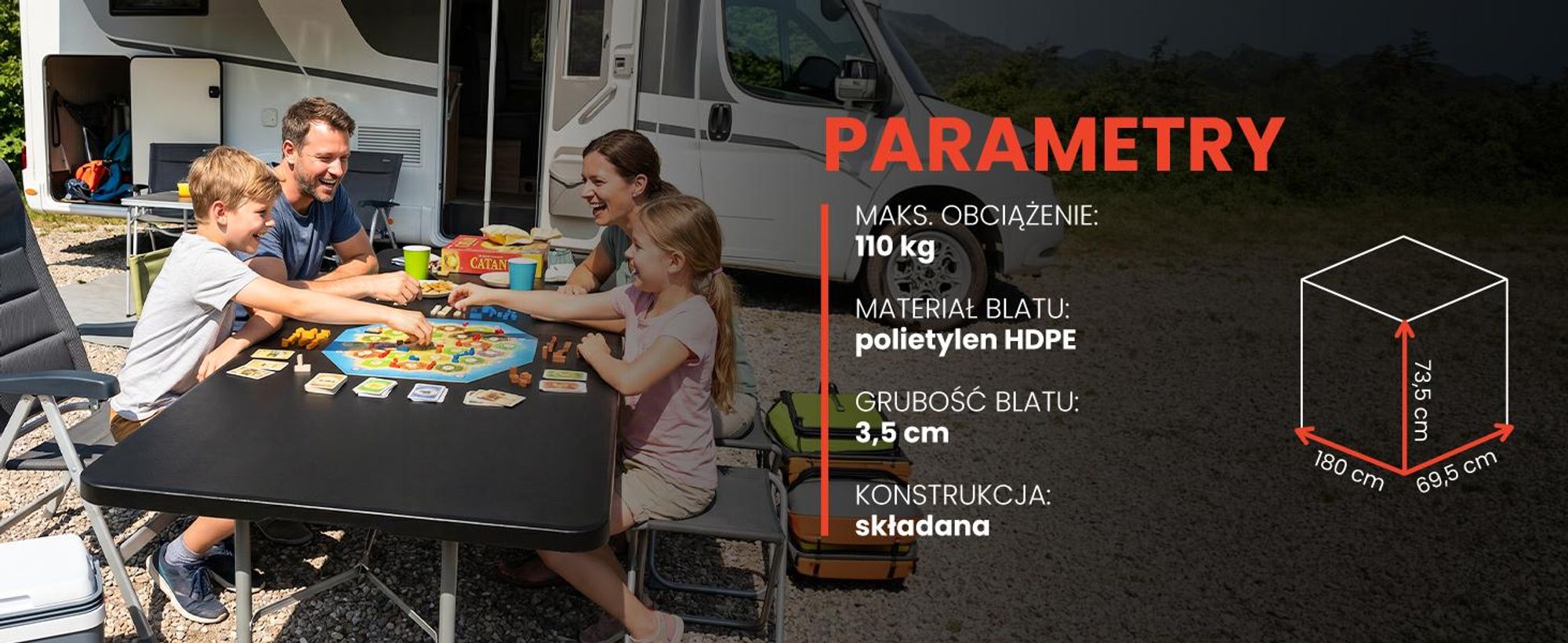 Składany stół kempingowy/ogrodowy z uchwytem do przenoszenia, 180 cm, czarny stół kempingowy/ogrodowy, stół imprezowy