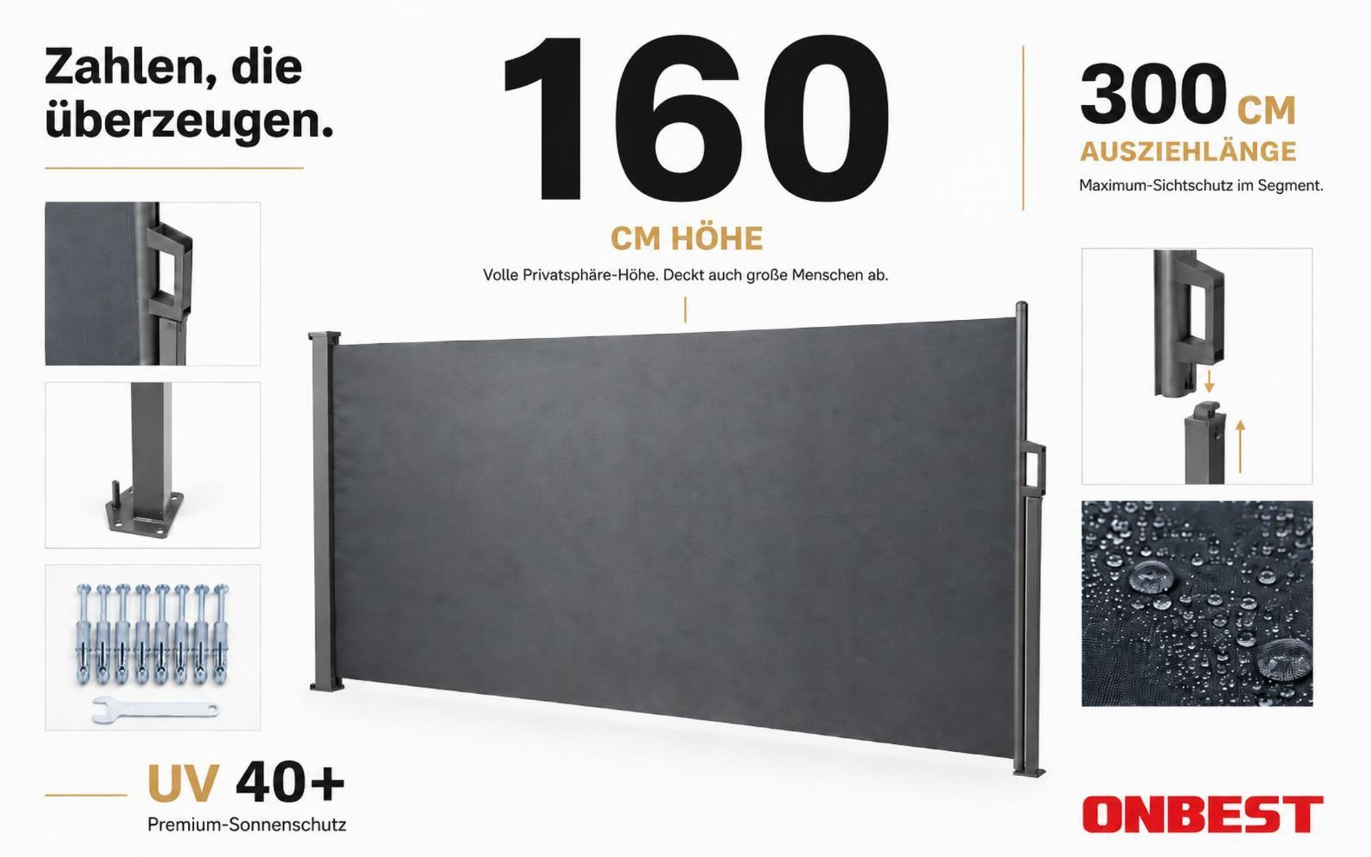 ONBEST Seitenmarkise | 160 x 300 cm | Ausziehbar | mit Schrauben und Dübel | Wasserabweisend | UV-Beständig