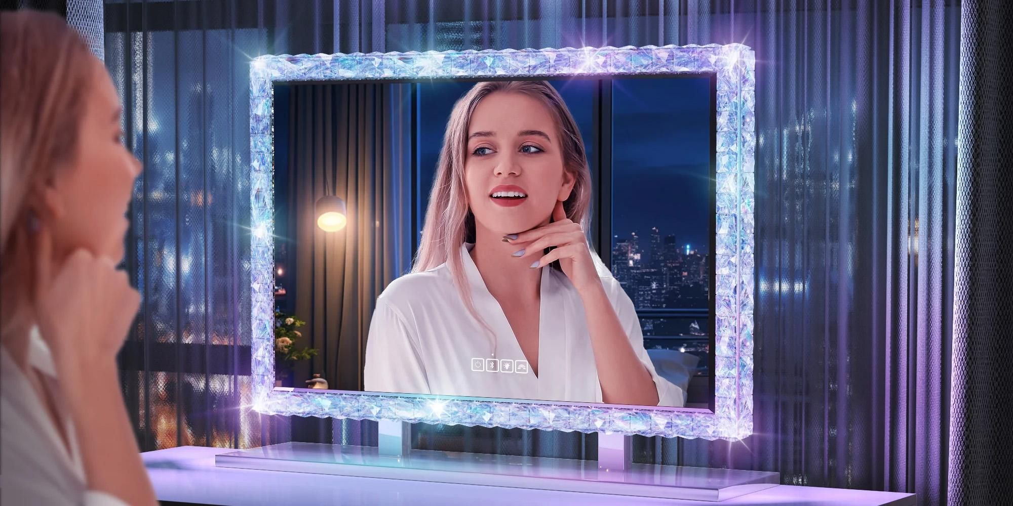 VANITII Hollywood Schminkspiegel 80cm x 60cm mit LED Beleuchtung RGB Lichtmodus Kristallen Kosmetikspiegel für Schminktisch Weiß