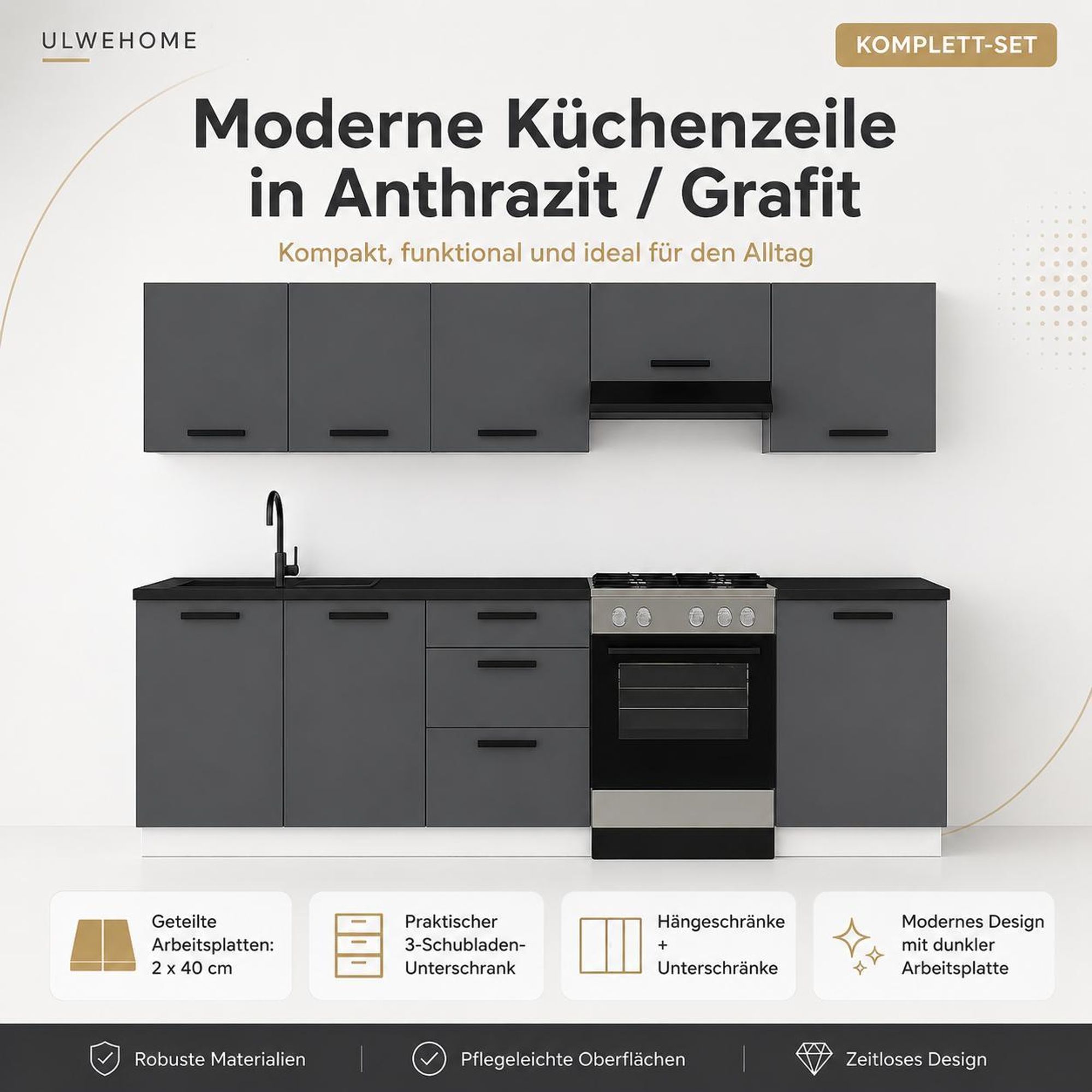 ULWEHOME Küchenzeile 220 cm in Anthrazit-Grafit mit Schränken und zwei 40 cm Arbeitsplatten.