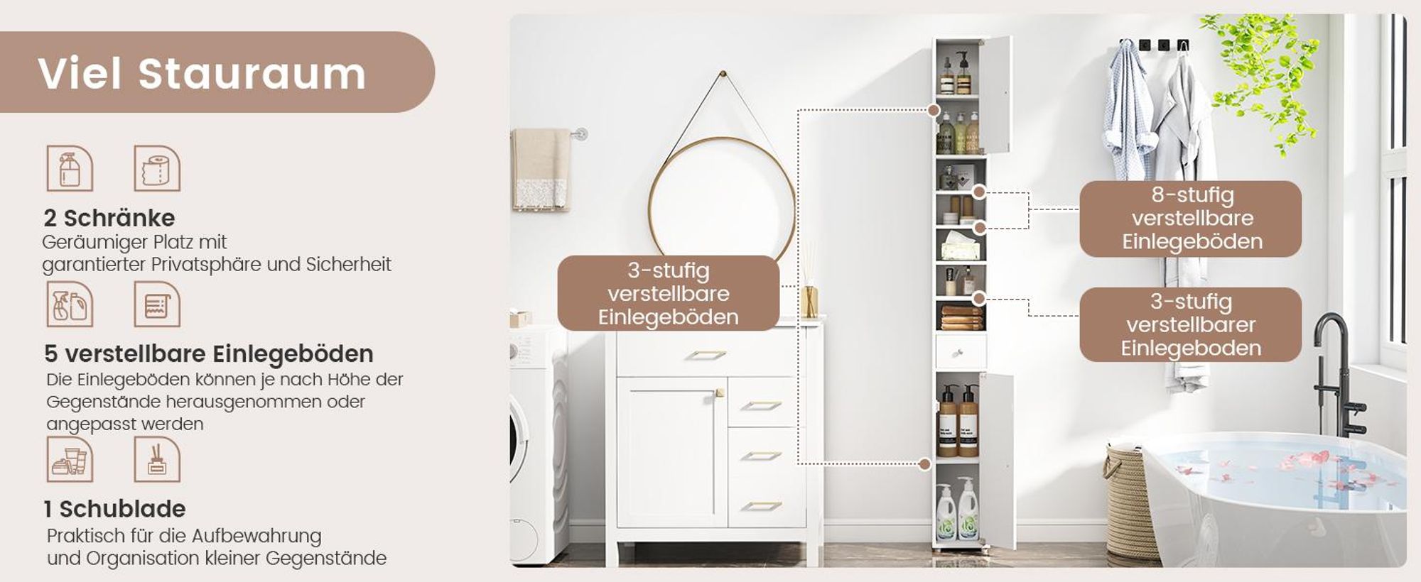 COSTWAY Schlanker Badezimmerschrank, freistehender Hochschrank mit 2 Türen, 1 Schublade und 5 verstellbaren Regalen