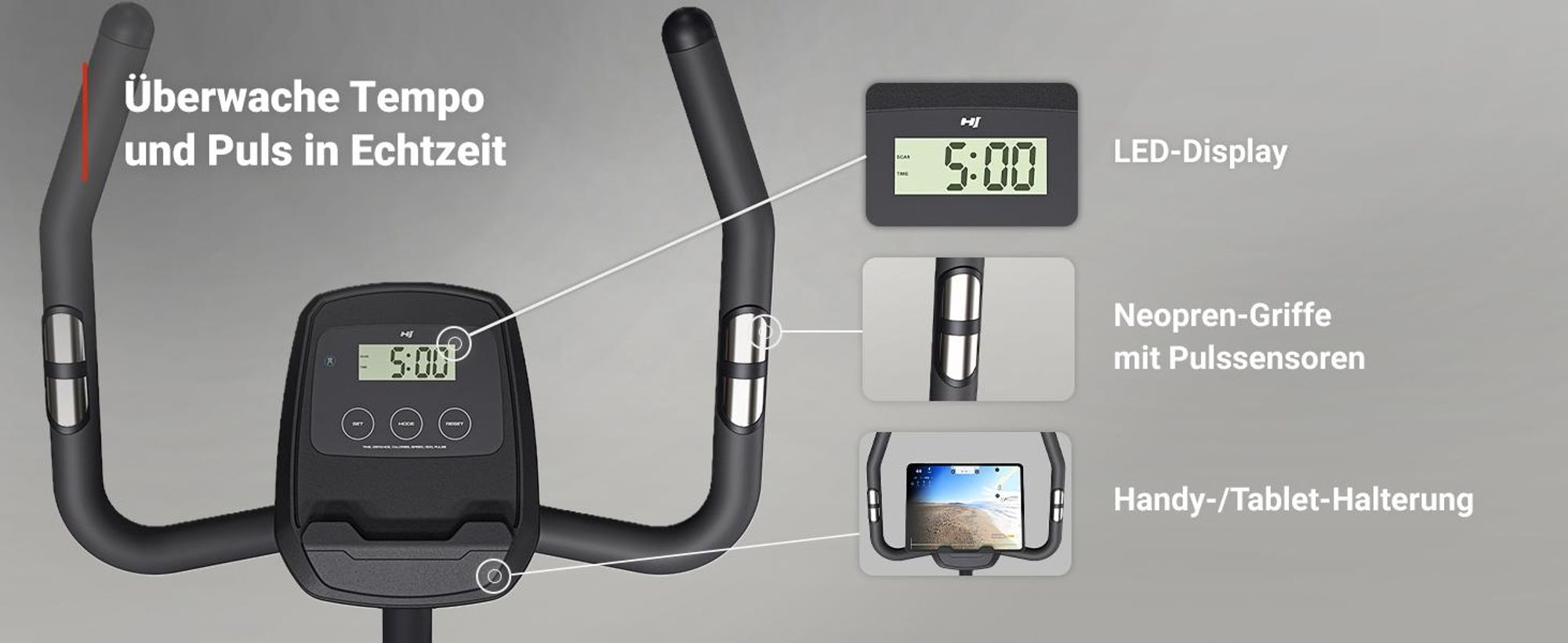Hop-Sport Heimtrainer HS-3000H Hometrainer Fahrrad mit Magnetwiderstand, LCD-Display, Bluetooth & Kinomap, Pulsmessung, bis 120 kg belastbar, Grau