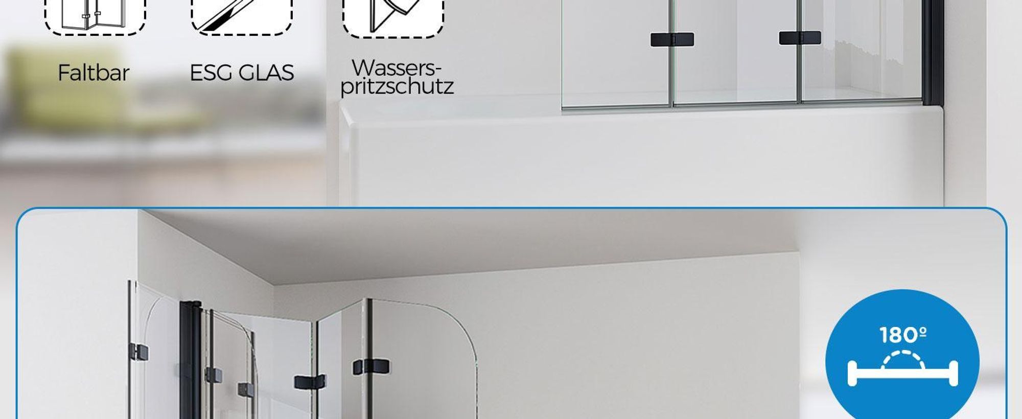 IMPTS Duschwand für Badewanne 140x140cm 3-teilig Faltwand Badewannenaufsatz Faltbar Duschabtrennung 6mm ESG GLAS Badwannenfaltwand Schwarze, Klarglas
