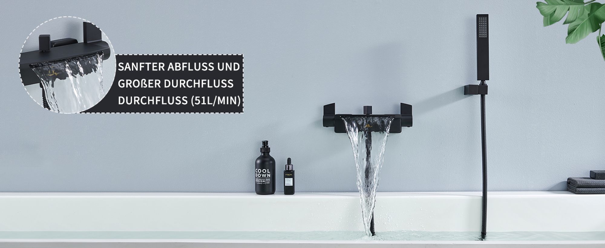 Homelody Wasserfall Badewannenarmatur mit Regal,Wannenarmatur mit Handbrause,Badewanne Armatur Duscharmatur für Bad, Schwarz matt,Komplett Duschset