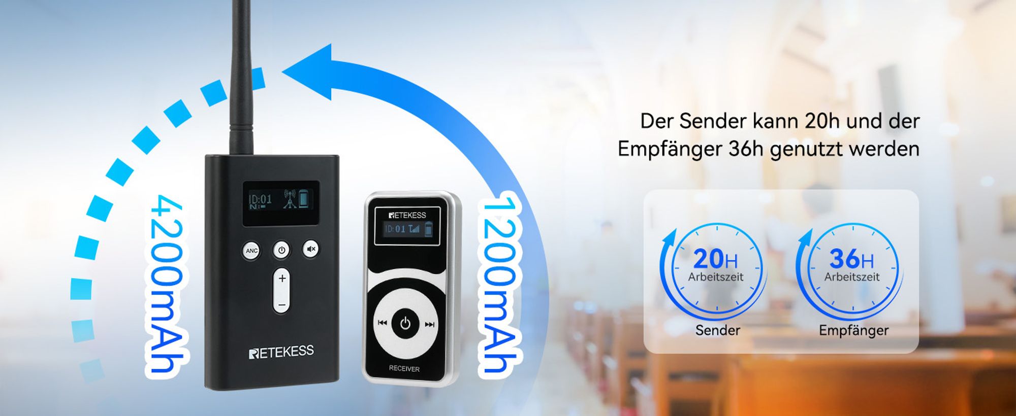 Retekess T130P Kabelloses Audio Guide System, Whisper Tour Guide, 160m, Lange Standby, Abgestufte Geräuschreduzierung, Typ-C Aufladung 10 Empfänger