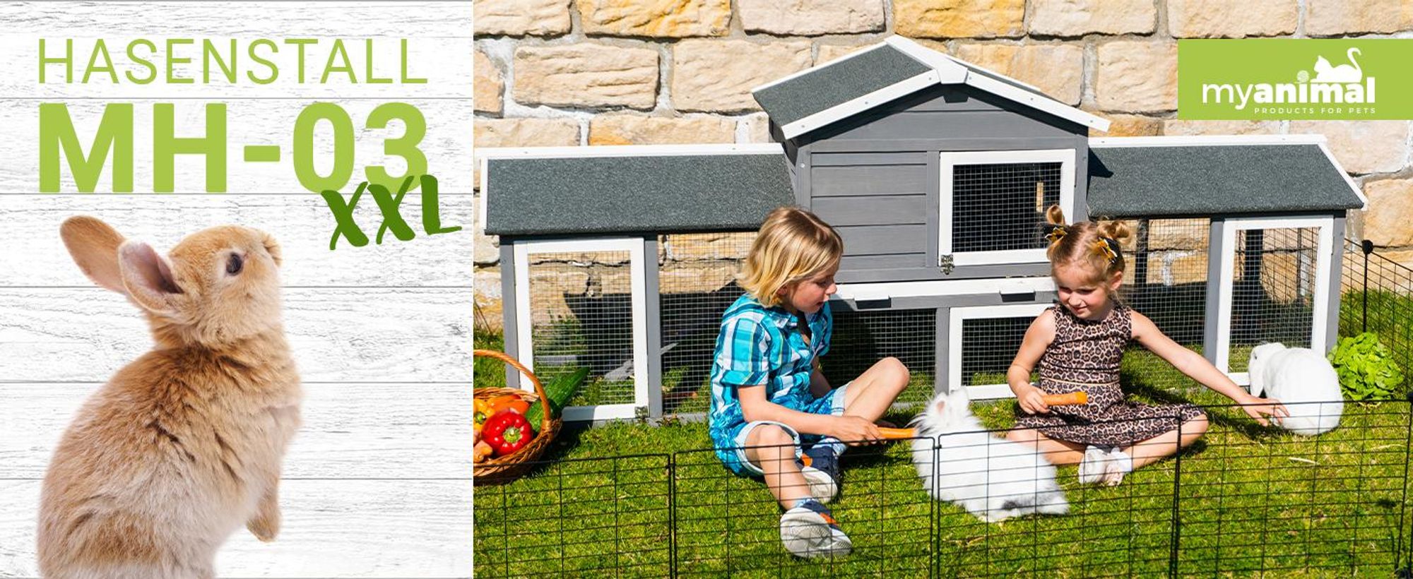 MyAnimal Hasenstall MH-03 | Hasenkäfig XXL mit Freilaufgehege - Kleintierkäfig - Kaninchenstall - 4 Türen - Kleintierstall - Wetterfest - 226x53x85 cm