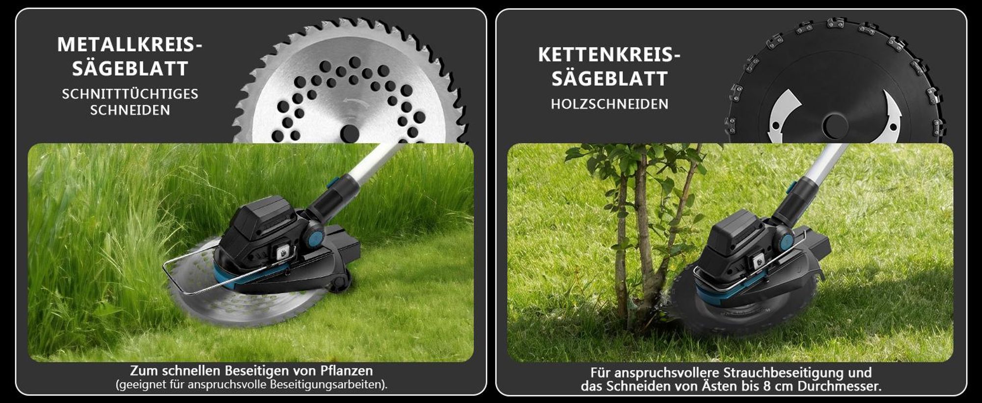 1200W Akku Rasentrimmer Bürstenloser mit 2×4.0Ah Akku 18V, 16800 RPM mit 7 Klingentypen, 90°/100-140cm Einstellbar, für Makita 18V, Freischneider