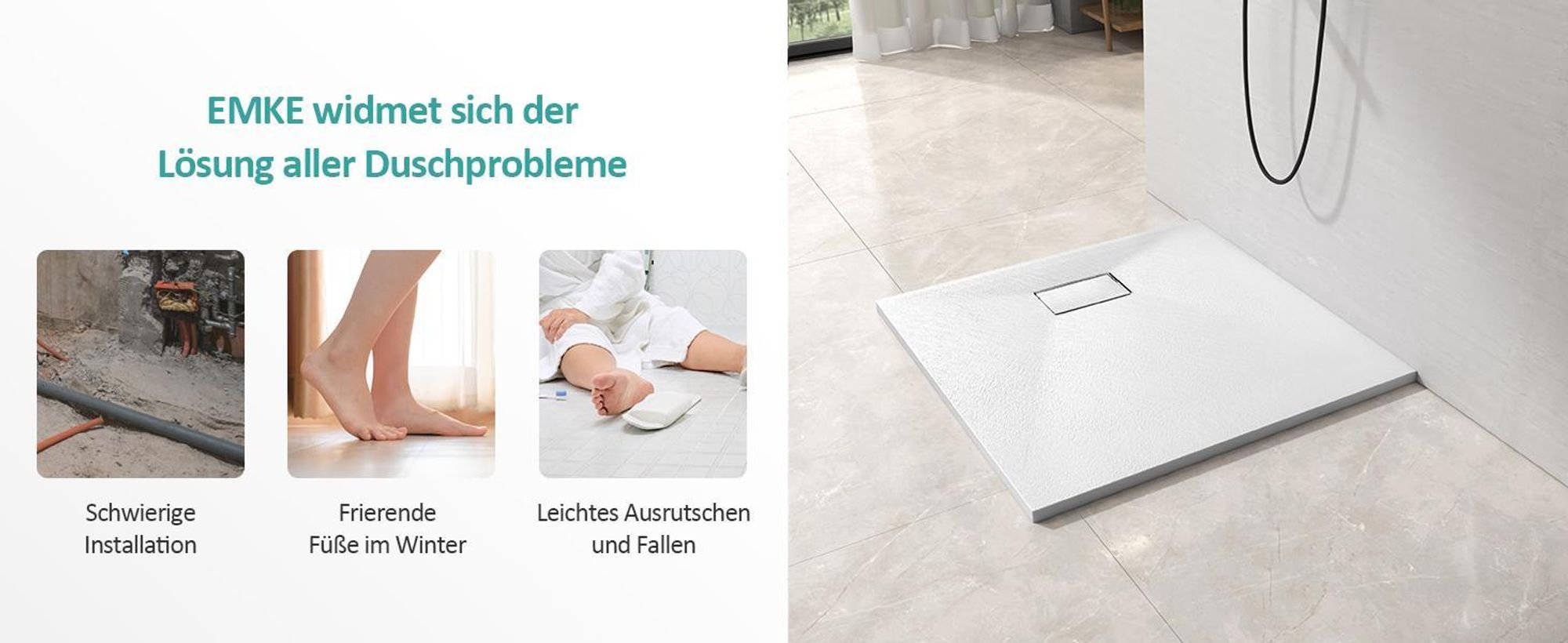 EMKE Duschwanne Flach Rechteckig 120x90cm Duschtasse mit Rutschfeste Struktur in Weißer Steinoptik inkl. Ablaufgarnitur